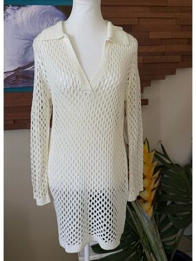 Women’s Cream Crochet Swim Coverup with V-Neck Collar